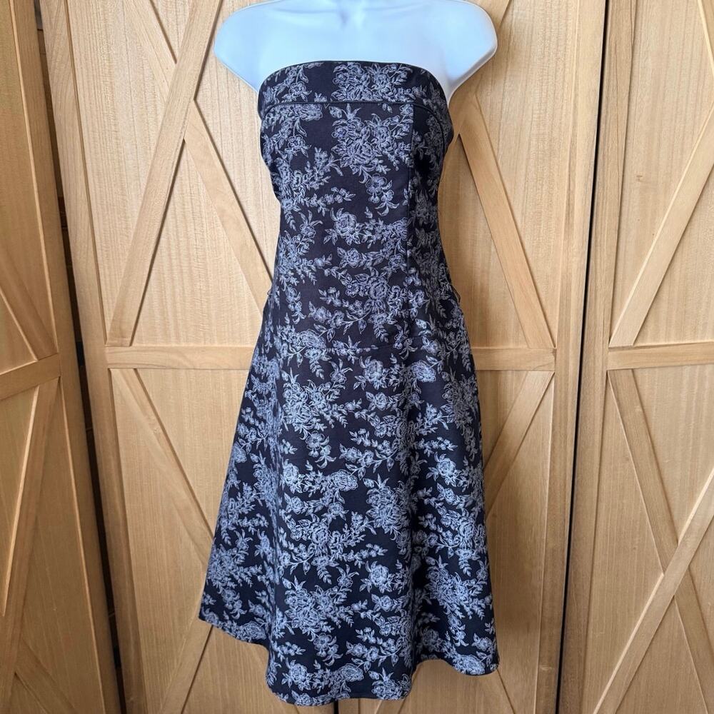 Vintage Y2K Luly K Strapless Black Floral Strapless A-Line Dress Size M 90s 80s